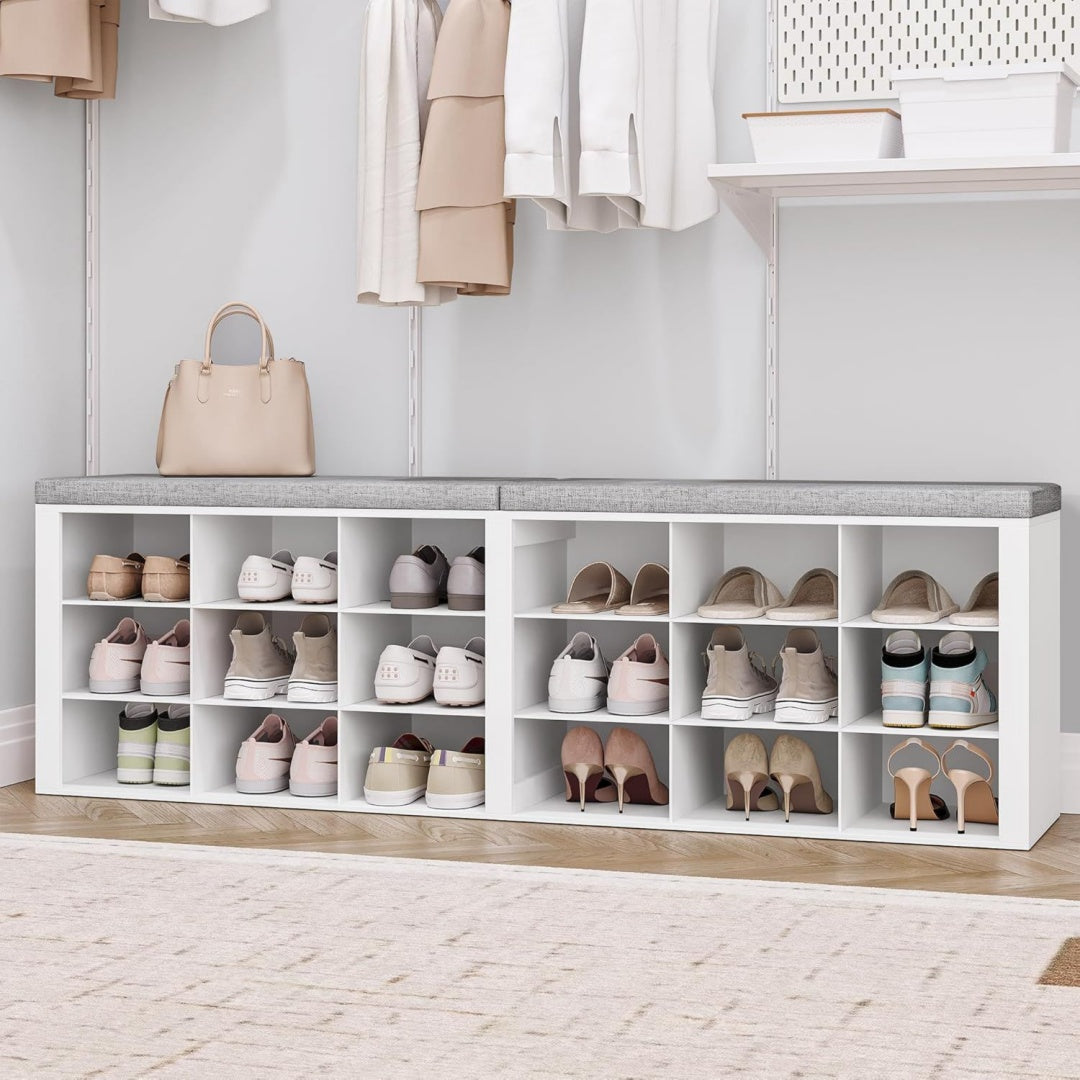 hzuaneri schuhbank mit sitzflaeche18 faechern weiss-hellgrau schuhbank schuhschrank mit sitzbank verstellbare ablagen 30 x 150 x 48 cm fuer wohnzimmer schlafzimmer sb25703gy