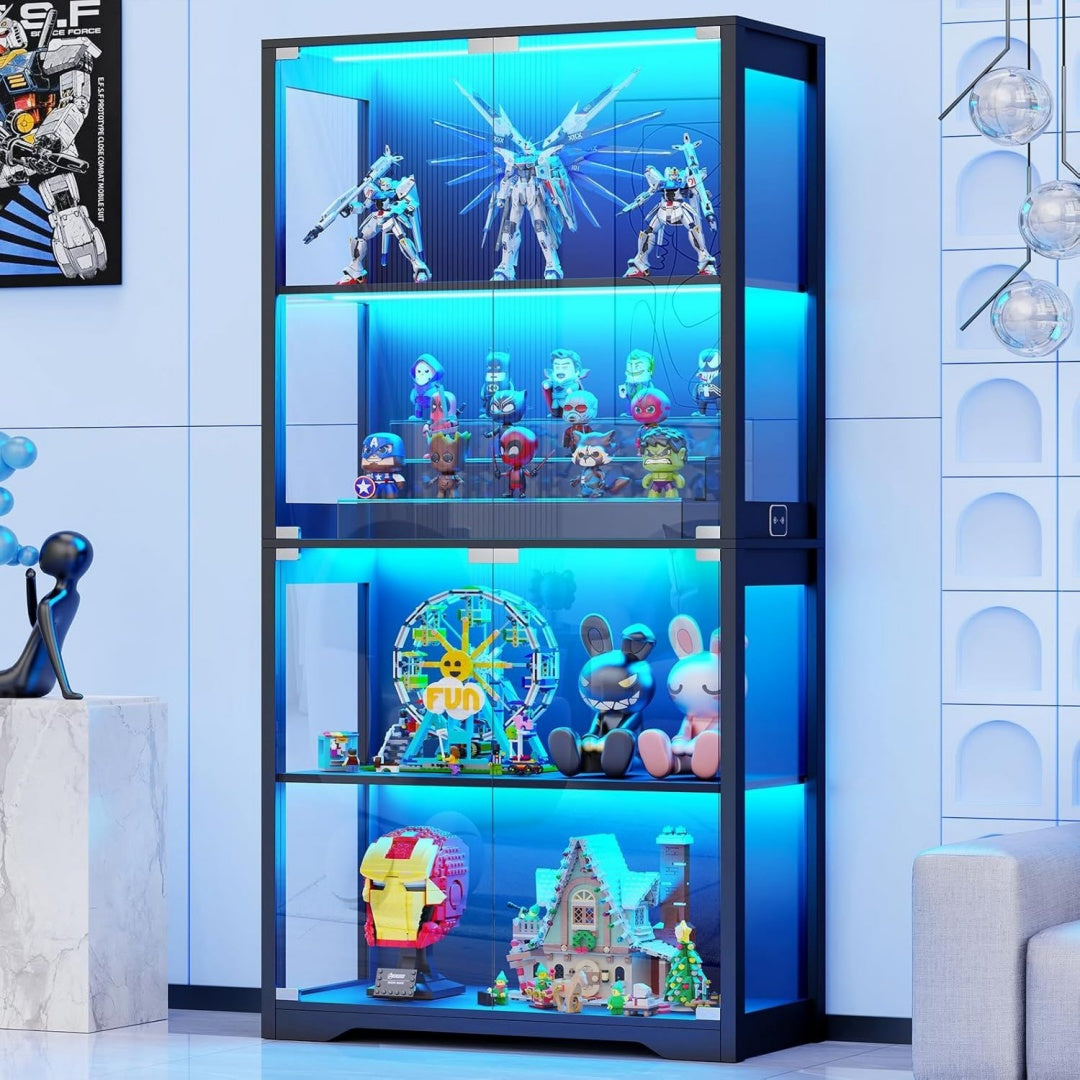 brottar beleuchtete glasvitrine mit lichtemittierende diode sensor moderner vitrinenschrank standvitrine 4 etagen sicherheitsglas vitrine fuer lego figuren und sammlungen schwarz