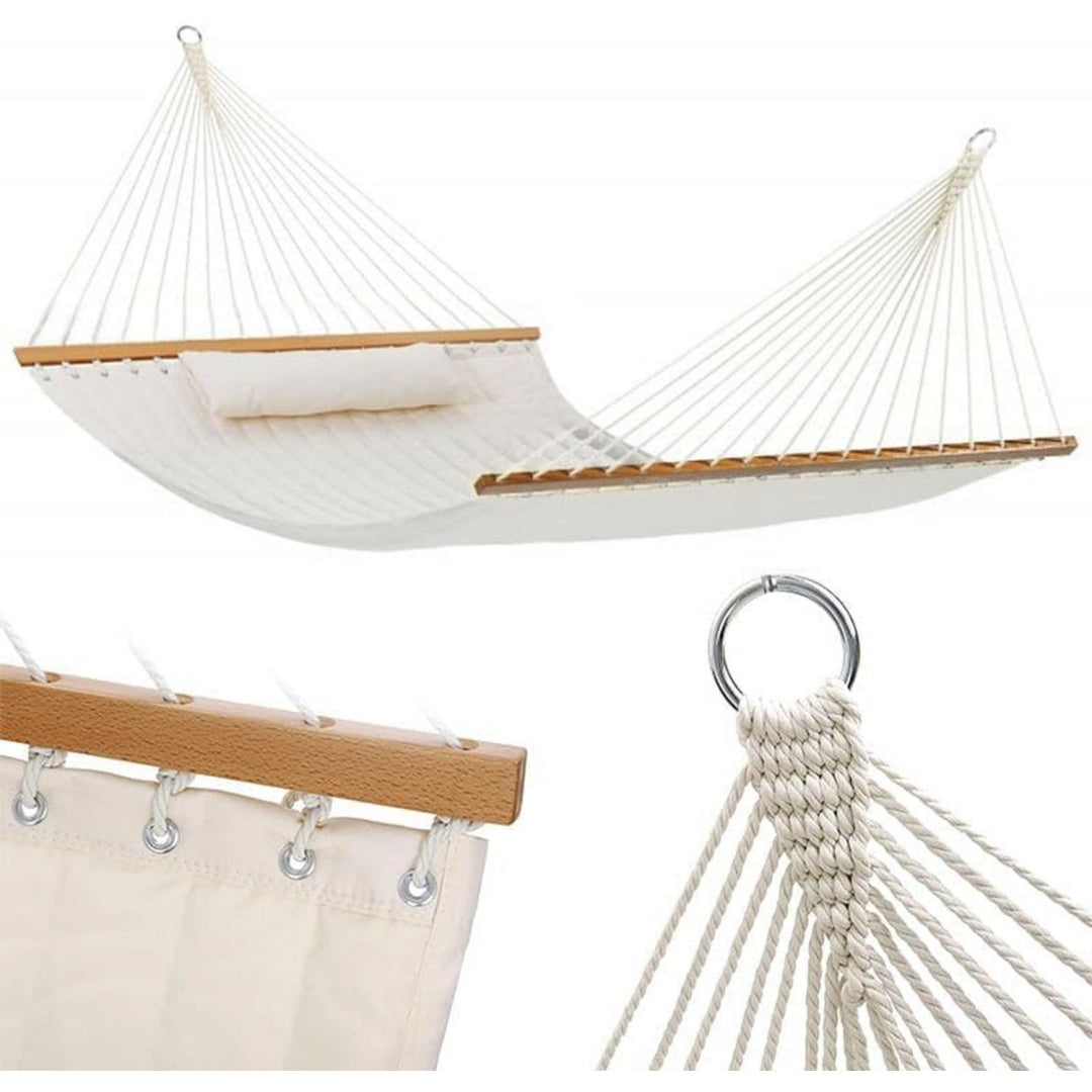 zolta haengematte mit kissen zum aufhaengen - mehrpersonen fuer 2 personen 200 x 140 cm belastbarkeit bis 200 kg fuer terrasse balkon garten outdoor camping beige boho streifen