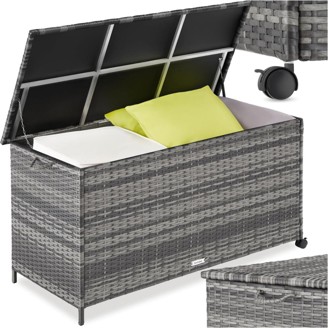 auflagenbox 253 l 116 x 54 x 64 cm 2 drehbare rollen mit feststellbremse polyrattan mit aluminiumrahmen gartenmoebel outdoor lagerung staubschutzbox schutzbox wetterfest - grau