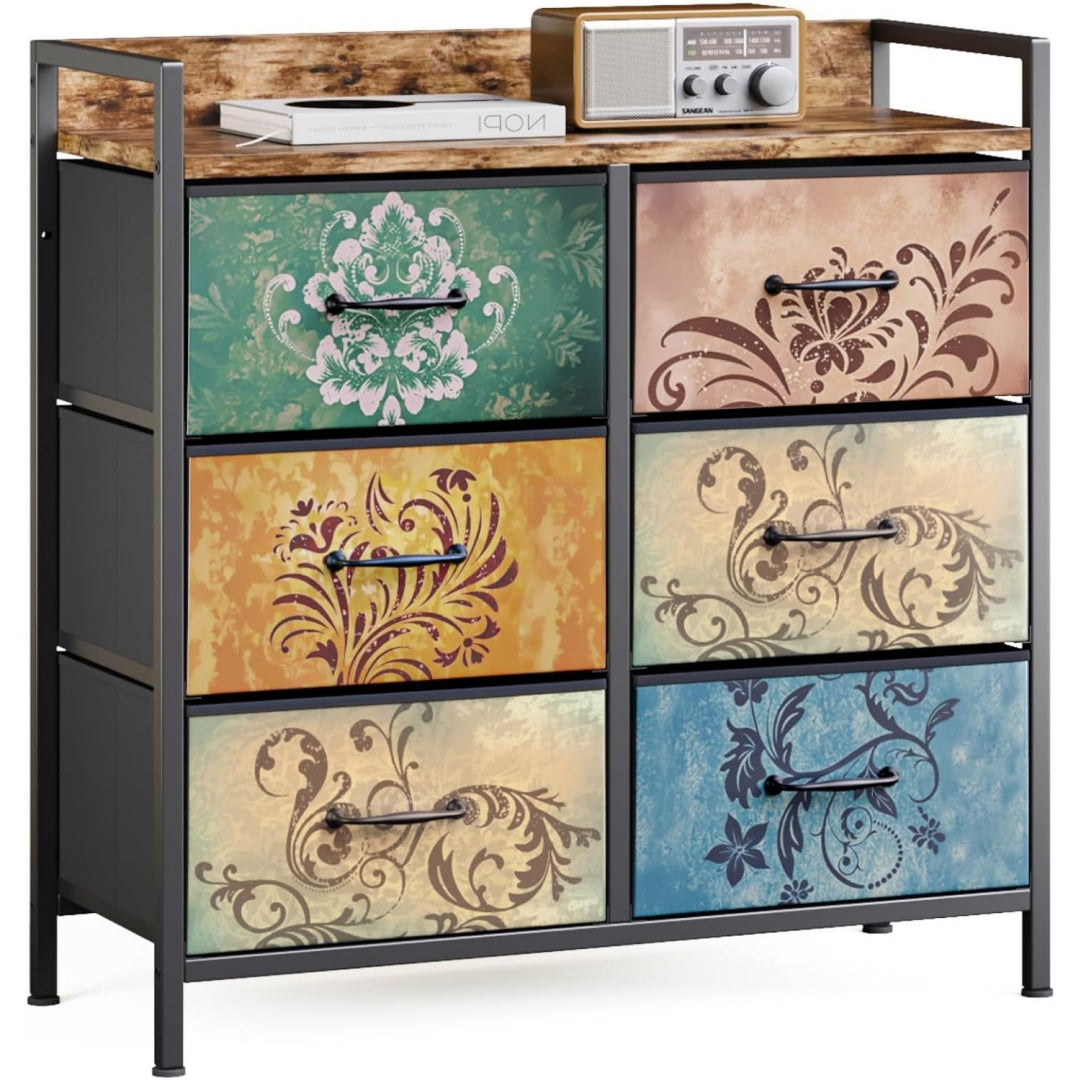 mondeer kommode mit 6 stoffschubladen vintage-druck 80 x 30 x 84 cm metallrahmen holzablage wohnzimmer schlafzimmer flur 6 schubladen fuer kleidung zeitschriften platzsparend dekorativ