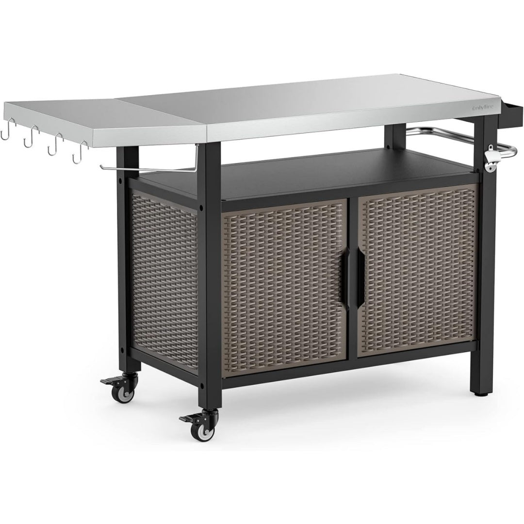 onlyfire grilltisch grillwagen mit grosser arbeitsflaeche servierwagen mit rollen grill beistelltisch mit abklappbare seitenablagen edelstahl tischplatte grill beistellwagen 1435 56 91 cm