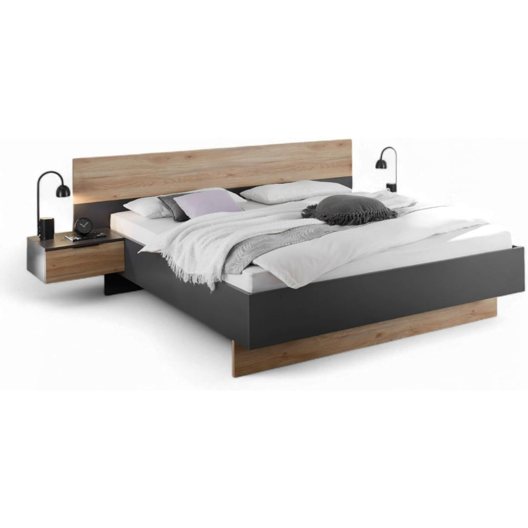 aska doppelbett bettanlage mit nachtkommoden graphit mauvella eiche optik 285 x 95 x 205 cm hoehe breite tiefe bett liegeflaeche 180 x 200 cm 2 nachtkonsolen mit je einem schubkasten schlafzimmer