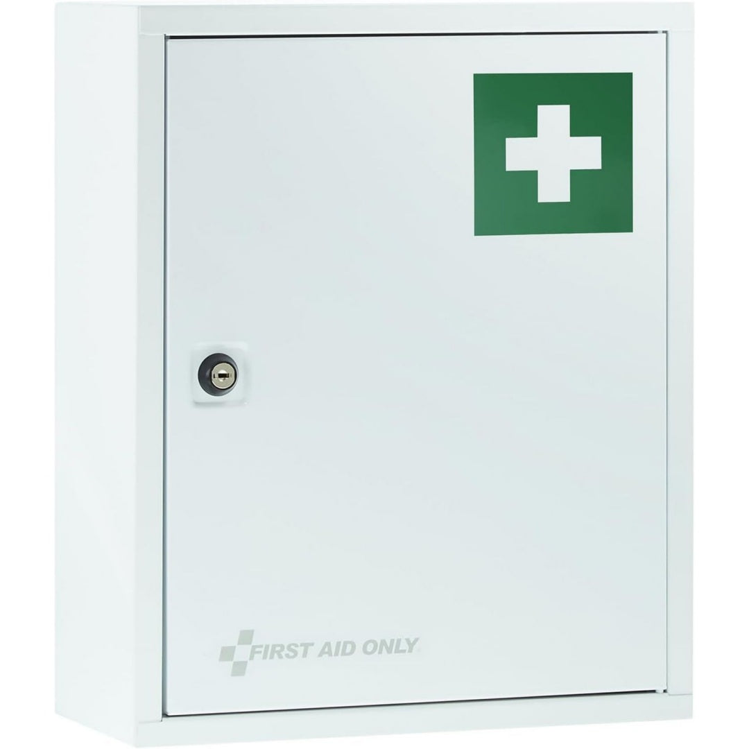first aid only medizinschrank weiss mit 2 faechern abschliessbarer apothekerschrank aus metall zur medikamenten aufbewahrung medikamentenschrank als haengeschrank 37 x 30 x 14 cm p-10200 00