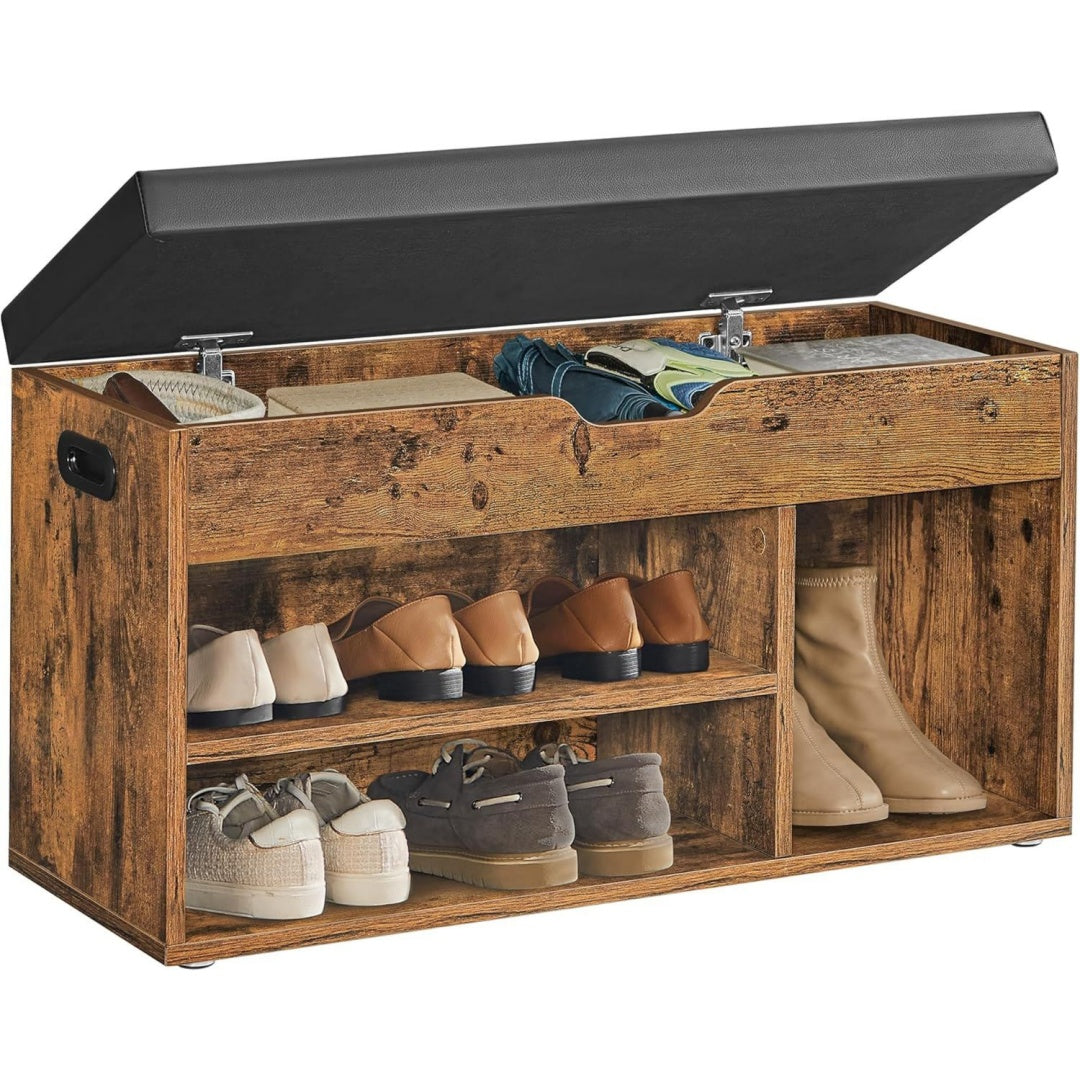 schuhbank mit sitzflaeche 3 ebenen gepolstert 30 x 80 x 44 cm schuhregal wohnzimmer sitzbank sitzkissen rustikales braun custos kollektion lhs30bx